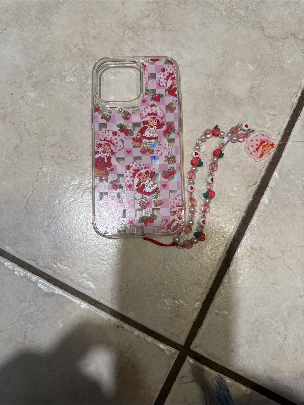 iPhone 16 Pro Max Case - Strawberry Shortcake with Matching Beaded Strap - Picture 2 of 5